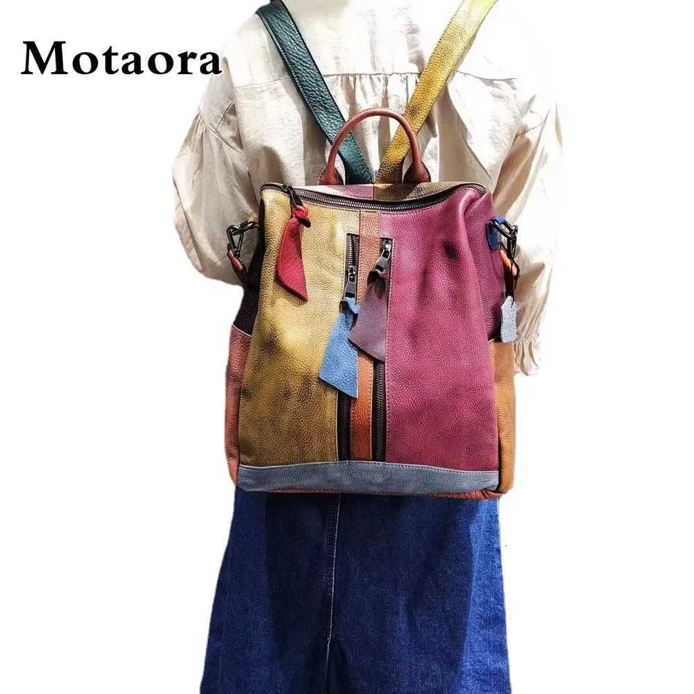 New Soft Cowhide Leather Backpack for Women Teens Vintage Patchwork School Bookbag with Keychain Durable Genuine Cowhide BagW251114