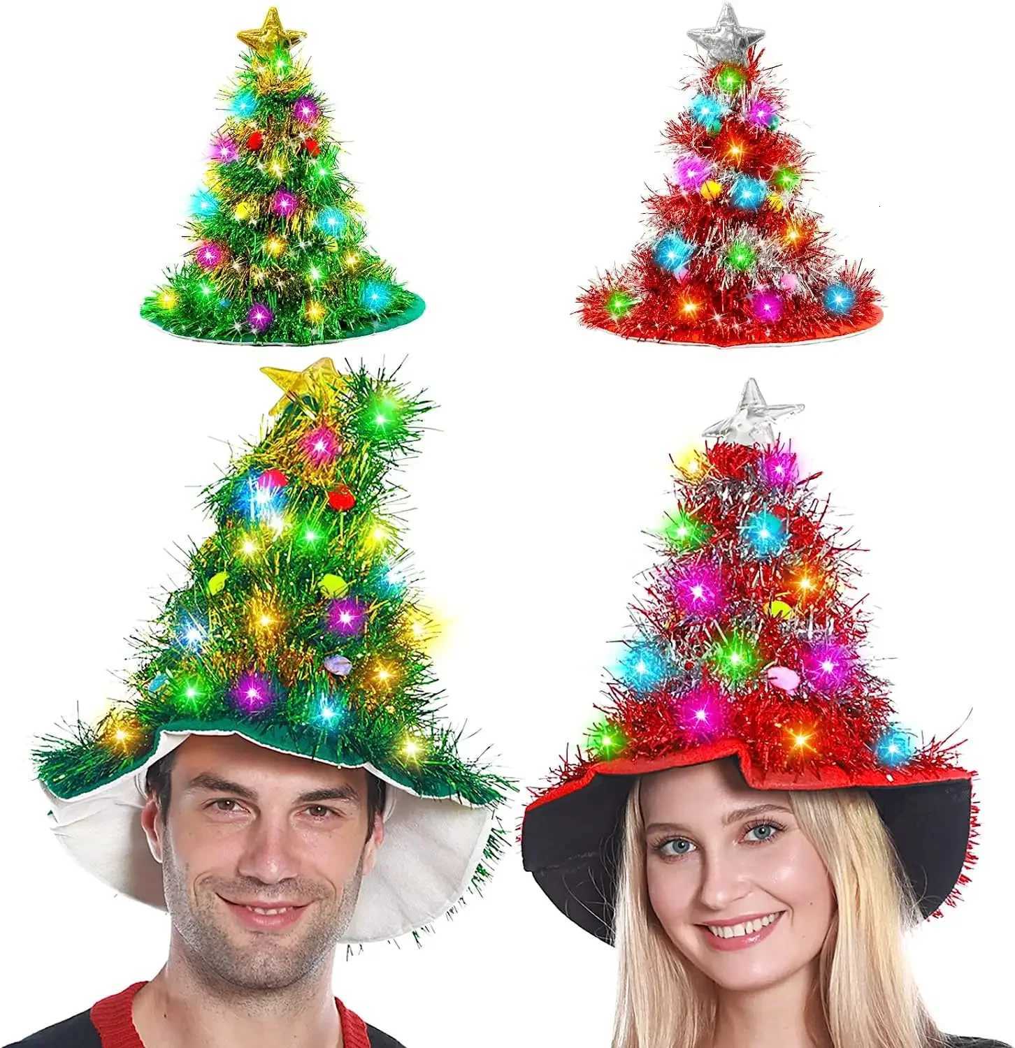 Adults Kids Blinking Glowing Christmas Tree Hats Santa Hat with Tinsel LED Colorful Lights Star New Year Costume Y251115