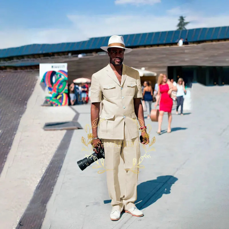 Fashion 2piece sky blue linen summer mens wedding dress suitable for grooms evening gown casual beach short sleeved suit jacket pants 250414