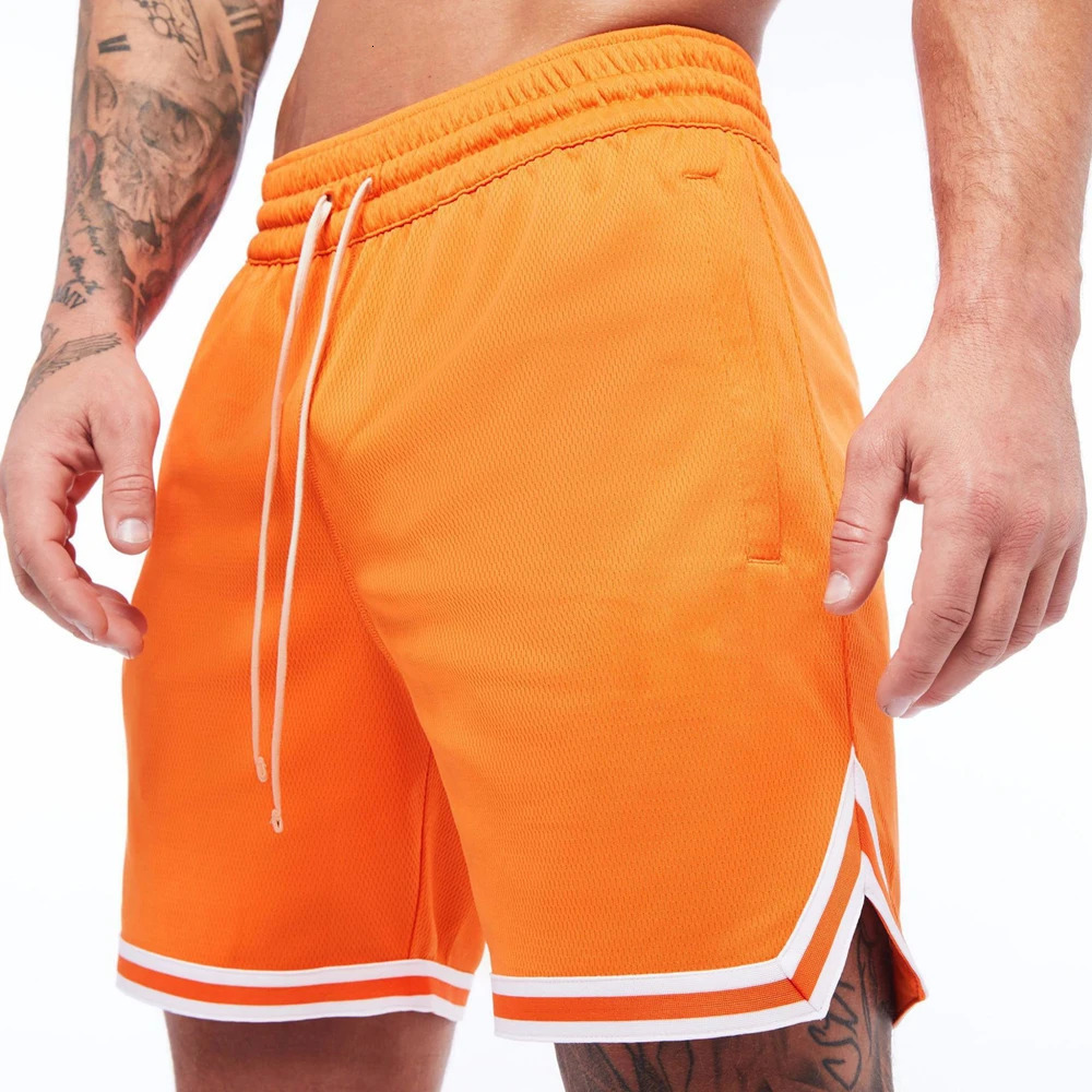 Mens breathable basketball shorts orange mesh fitness sports casual exercise quick drying gym 250414
