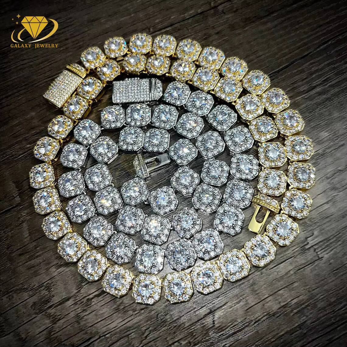 Fine 925 Pure Silver 12mm Iced Out VVS Moissanite Diamond Gold Plated Solitaire Cluster Tennis Chain Men Jewelry Hiphop Necklace