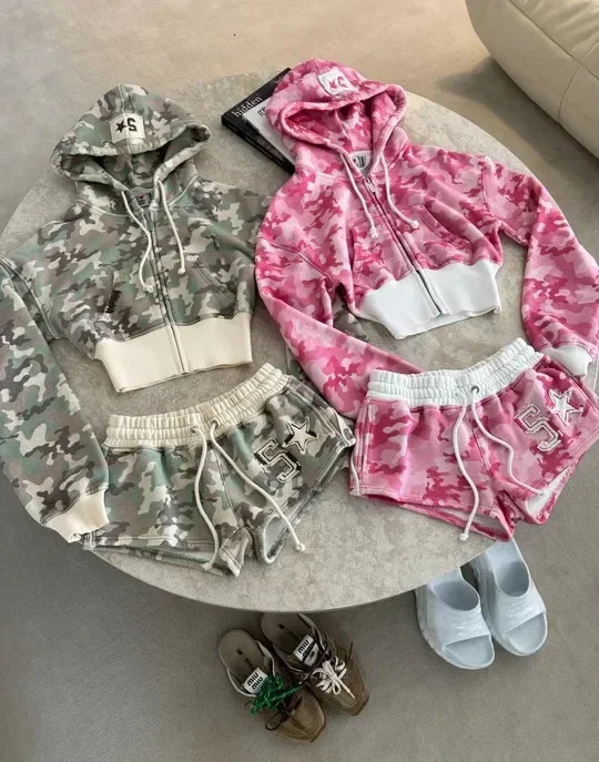 Women Fashion Breast Wrap Top Shorts 2 Piece Set Harajuku Camouflage Tracksuit Suit Sexy Slim Sport Cropping Strapless Vest 250414