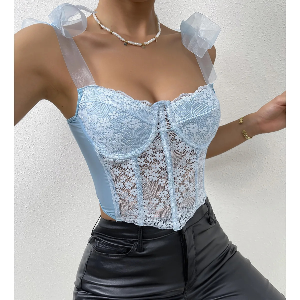 Lace Bow Ribbon Floral Mesh Hollowing Corset Rhomboid Fishbone Crop Tops Korean Sweet Style Sexy Camisoles for Party Vacation 250415