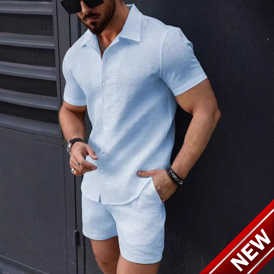 2025 Fashion New Mens Short sleeved Shirt Shorts Sports and Leisure Beach Two piece Set