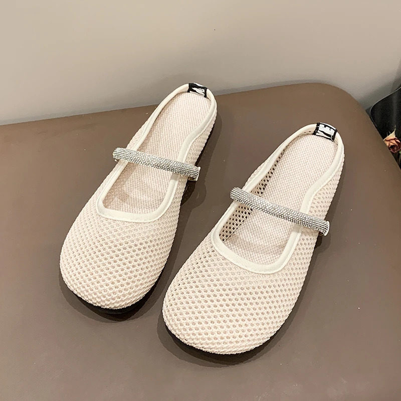 Ladies Baotou Half Slippers Autumn Round Head Shallow Mouth Mesh Breathable Soft Bottom Sandals 250411