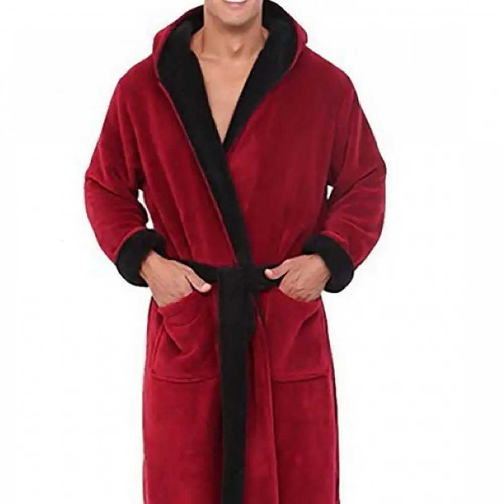 Belt Flannel Bath Robe for Men Hooded Pockets Warm Men Nightgown Men Plush Bathrobe Sleepwear Home Clothes Loose Pajamas Robe C251115
