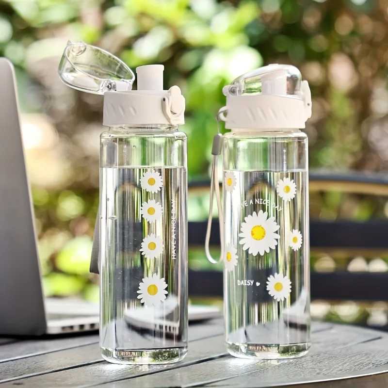 Lightweight Plastic Water Bottle with Daisy Design and Leak Proof Lid - Suitable for Office Home Gym Travel - Reusable CupW251114