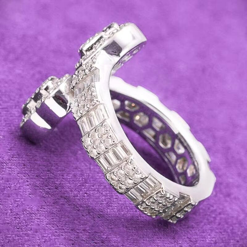 GRA D Color Bling Moissanite Iced Out Mens Cluster Split Baguette Heart Ring With 925 Sterling Silver Pass Diamond Tester