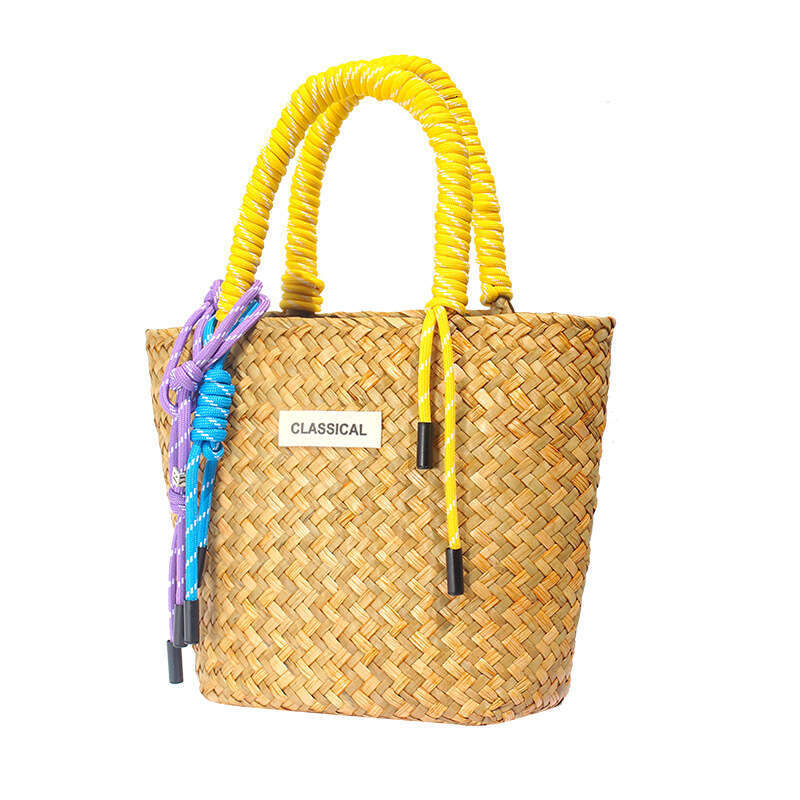 Handmade Beach Bag Straw Handbag, Nylon Hand Vegetable Basket Colorful Decorative Rope, Handmade Woven Bag, Beach Bag Kq2