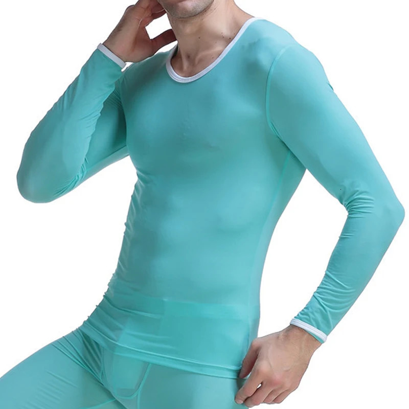 CLEVERMENMODE Mens Underwear Ultra Thin Ice Silk Transparent Tshirt Long John Sleeve Top 250407