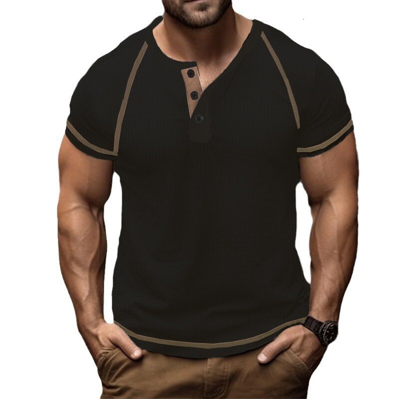 2025 Waffle Henley Solid color Shoulder Insert Summer Short sleeved Men's T-shirt