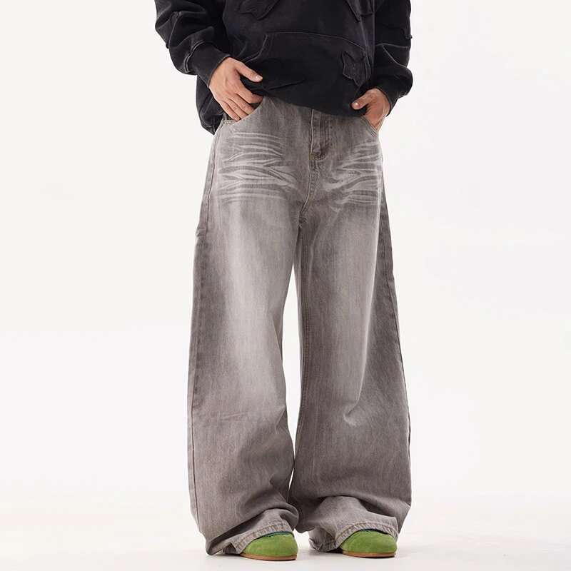 American Style Washed Worn-Out Jeans Men's High Street Striped Loose Vintage Wide Leg Pants 2025 Spring Fashion New 28W5192