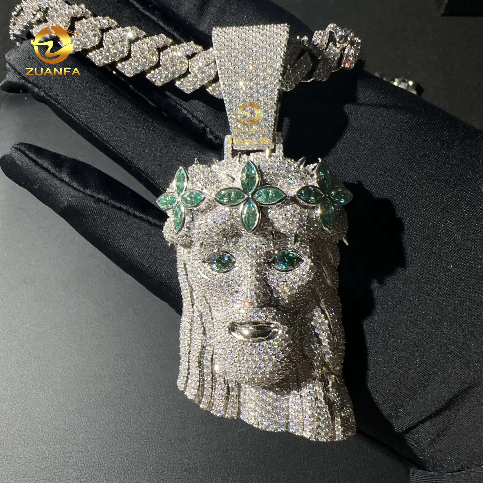 2.5 Fashion Man Jewelry Hip Hop Pendant 925 Silver Blue Green Marquise Moissanite Diamond Jesus Pendant Miami Cuban Link Chain