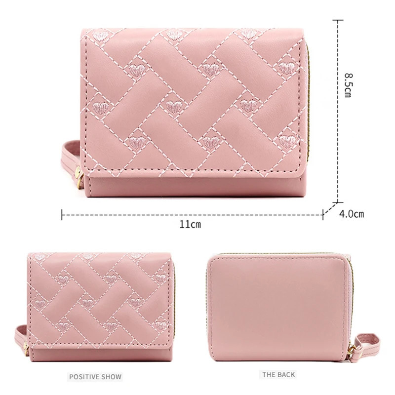 Womens large capacity cute wallet PU three fold card bag with multiple pockets short wallet fashion embroidery love pattern wallet 250410