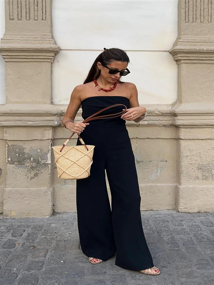 Solid Backless Womens Jumpsuit Solid Off Shoulder Waist Cinching Pockets Wide Leg Pants Lady Bodysuit Summer Female Outwears 250415