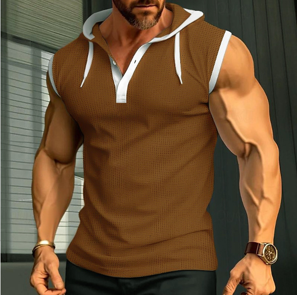 2025 Summer New Sleeveless Men's Casual Top Solid Color Hooded Combo Shoulder Vest
