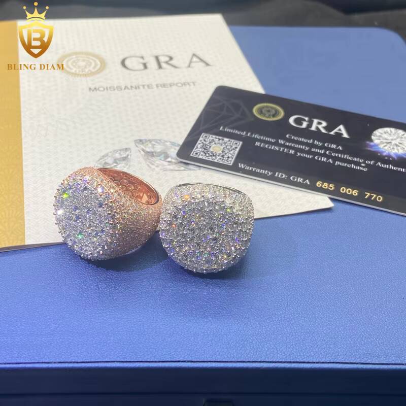 HipHop Jewelry 925 Sterling Silver Moissanite Ring Men Iced Out Moissanite Ring Round Brilliant Cut Pass Diamond Test with GRA