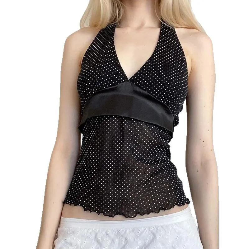 vintage satin decal shoulder strap pendant with neck no back polka dot pendant sexy and ultra-thin suitable for women Versatile mesh vest 250415