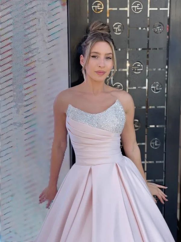 Elegant Pink Evening Dresses A Line Crystal Beaded Collar Strapless Formal Party Prom Dress Ruffle Dresses for special occasion Custom Made 01