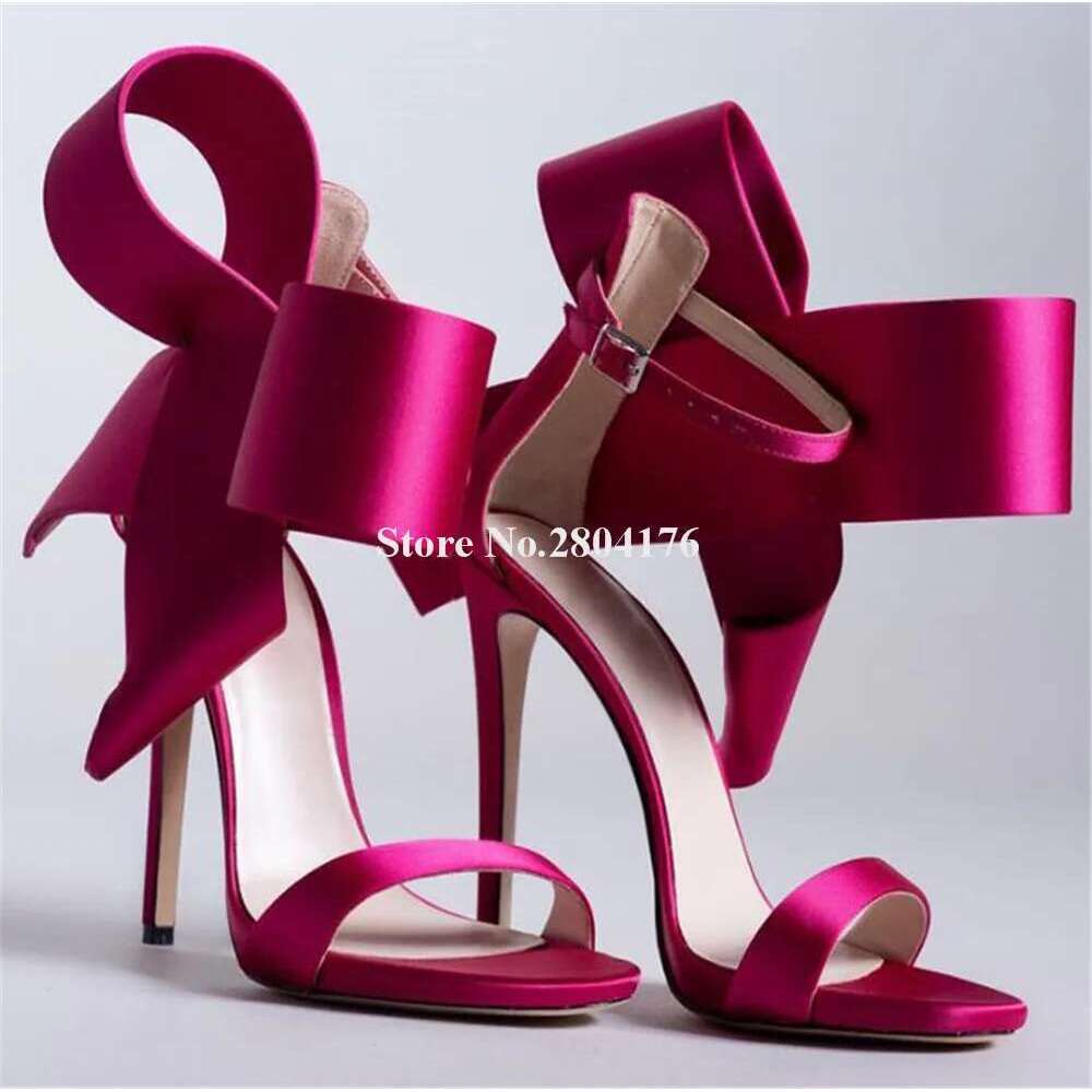 Charming Bowtoe Decorated Thin Sandals Pink Red Blue Satin Stiletto Heel Wedding Shoes Big Size Heels