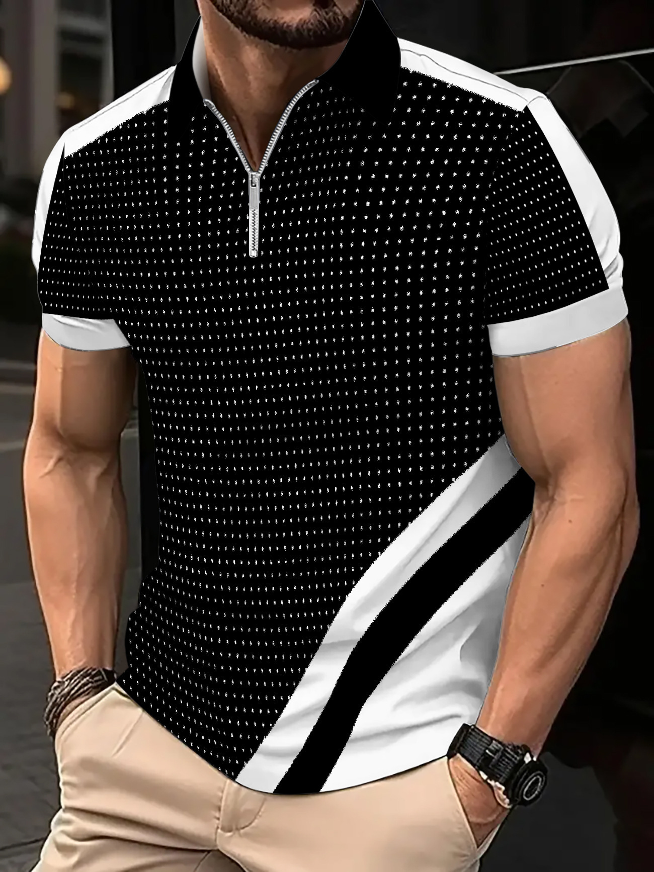 Summer Printed Zipper Polo Shirt Mens Fashion Sports Polo Shirt