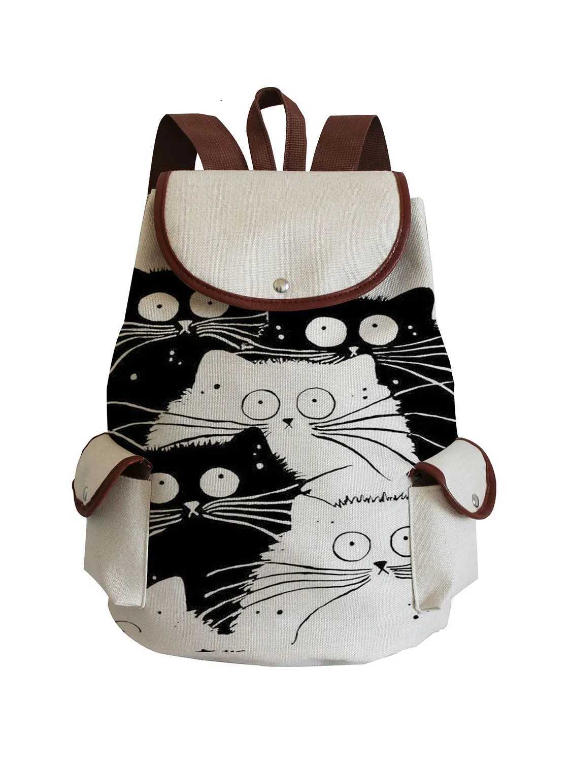 Cartoon Cute Cat Printed Backpack Fashion Teens School Bag For Teenager Girls Drawstring High Capacity Travel Rucksack WomenW251114