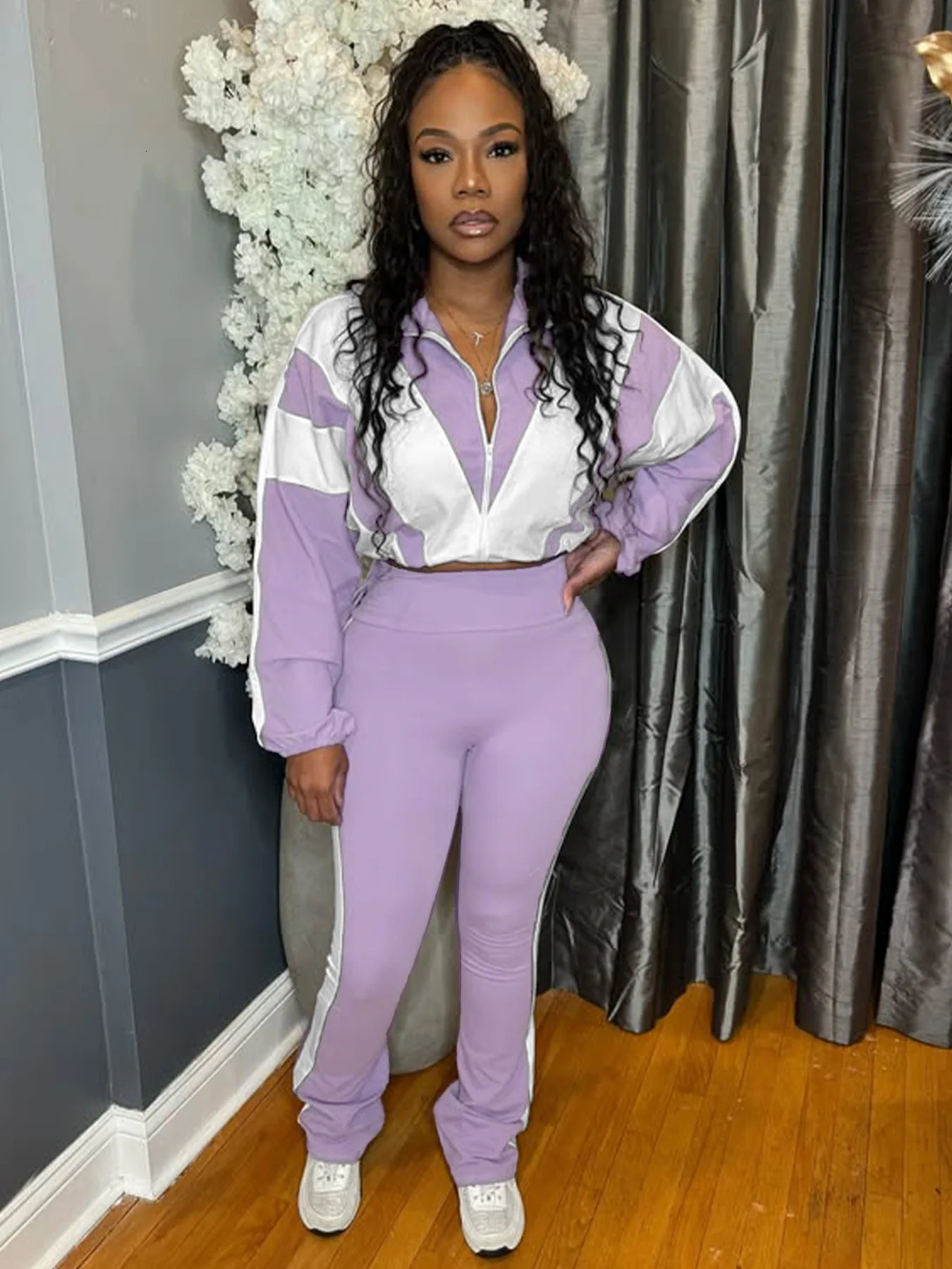 CM.YAYA Active Patchwork Womens Set Zipper Sweatshirt Jacket and Long Pants Suit 2025 Sporty Two 2 Piece Sets Outfit Tracksuit 250410