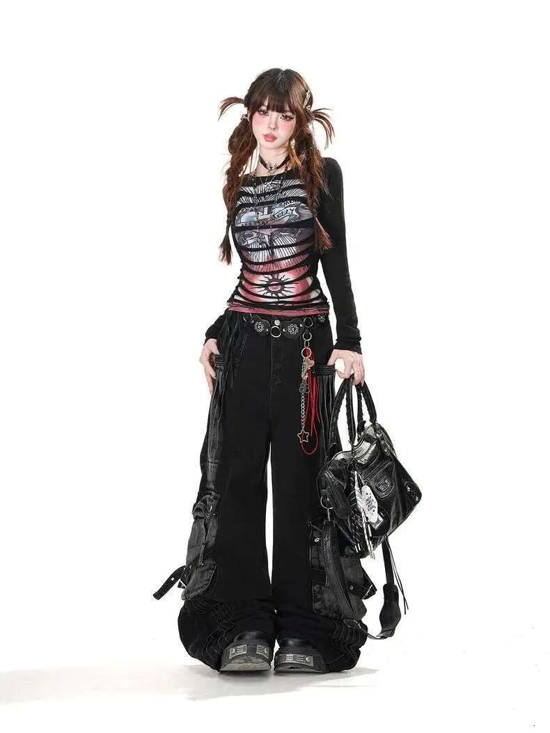 American Retro Street Non-mainstream Double-layer Three-dimensional Ripped Hole Decoration Hot Girl T-shirt Women Slim Waist Top