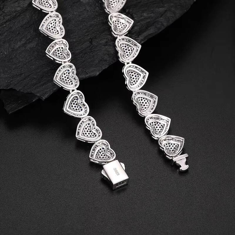 Full Iced Out Diamond 925 Solid Silver 10mm Hip Hop Luxury Baguette Moissanite Heart Link Chain Couple Necklace