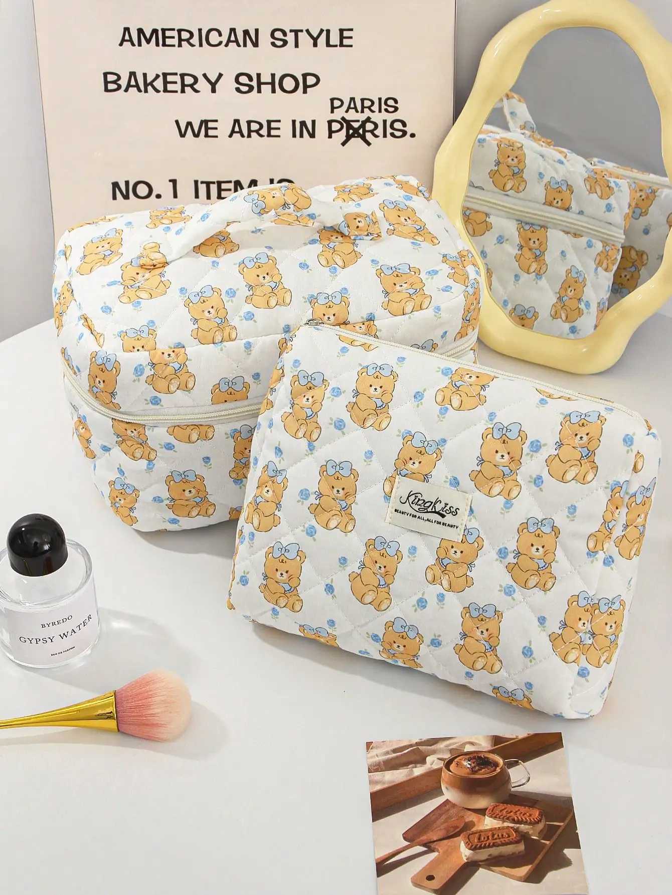1 piece/set of cute blue flower and bow bear pattern printed large capacity cosmetic storage bag organizer gift for friends and teachersXJ250415