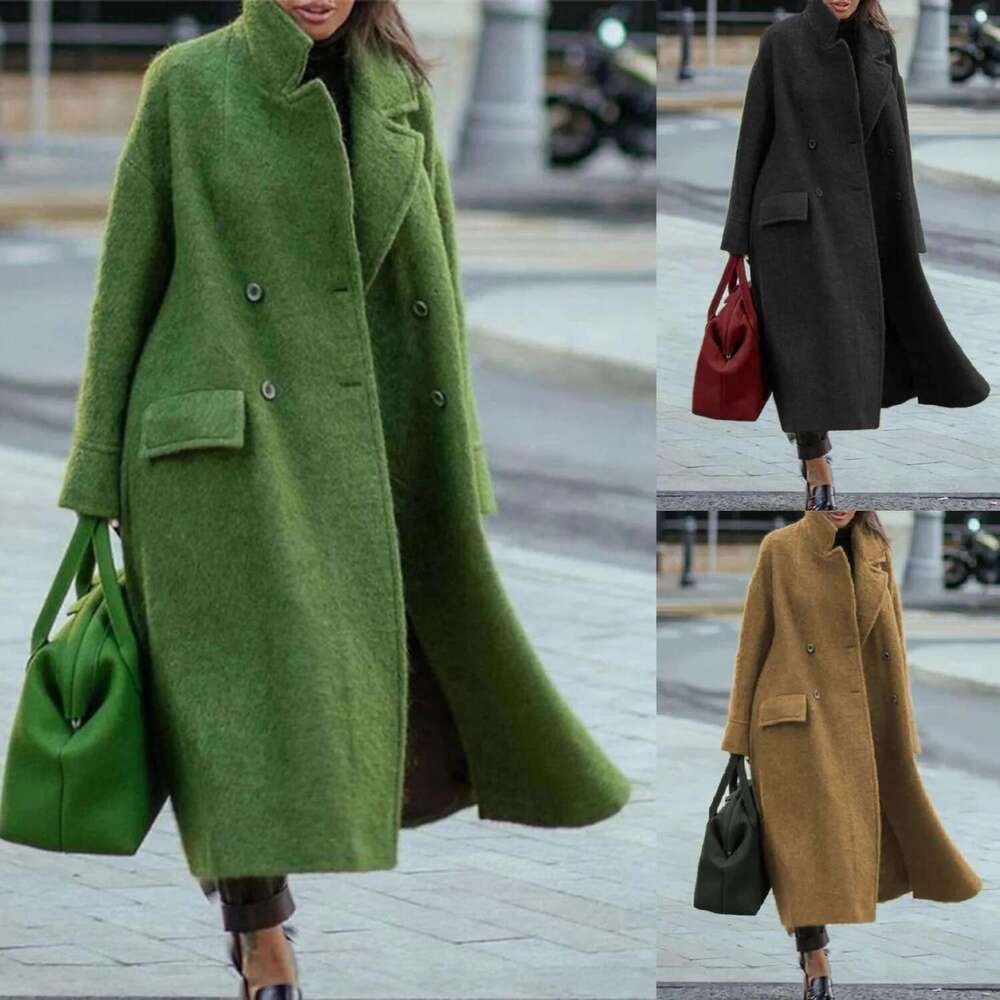 Autumn And Winter Long Solid Color Temperament Commuter Belt-Less Lapel Loose Tweed Green Coat