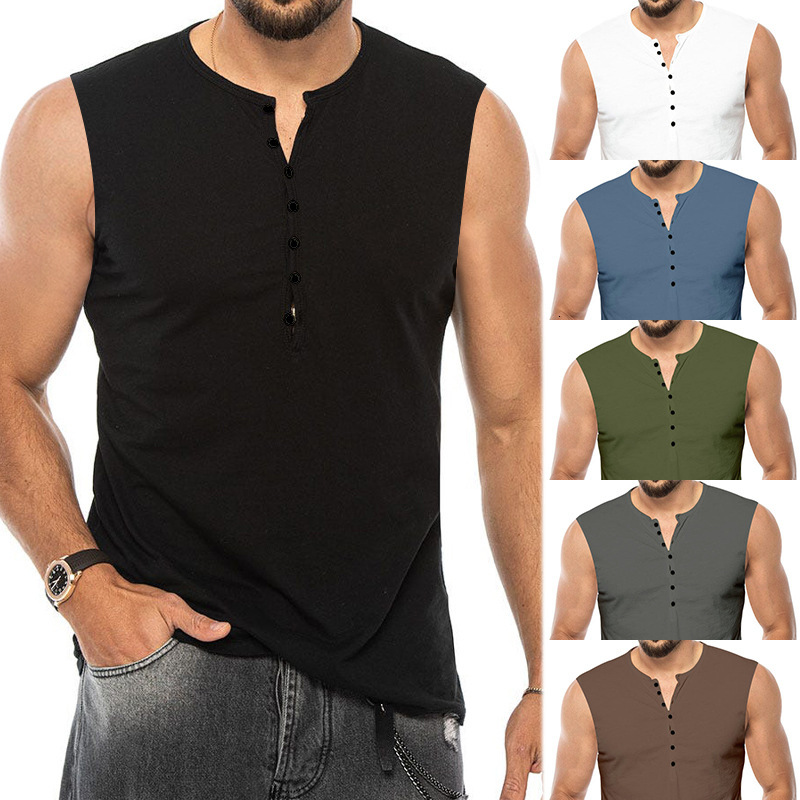Men's tank top sleeveless summer new men's Henry shirt solid color button sports fitness vest