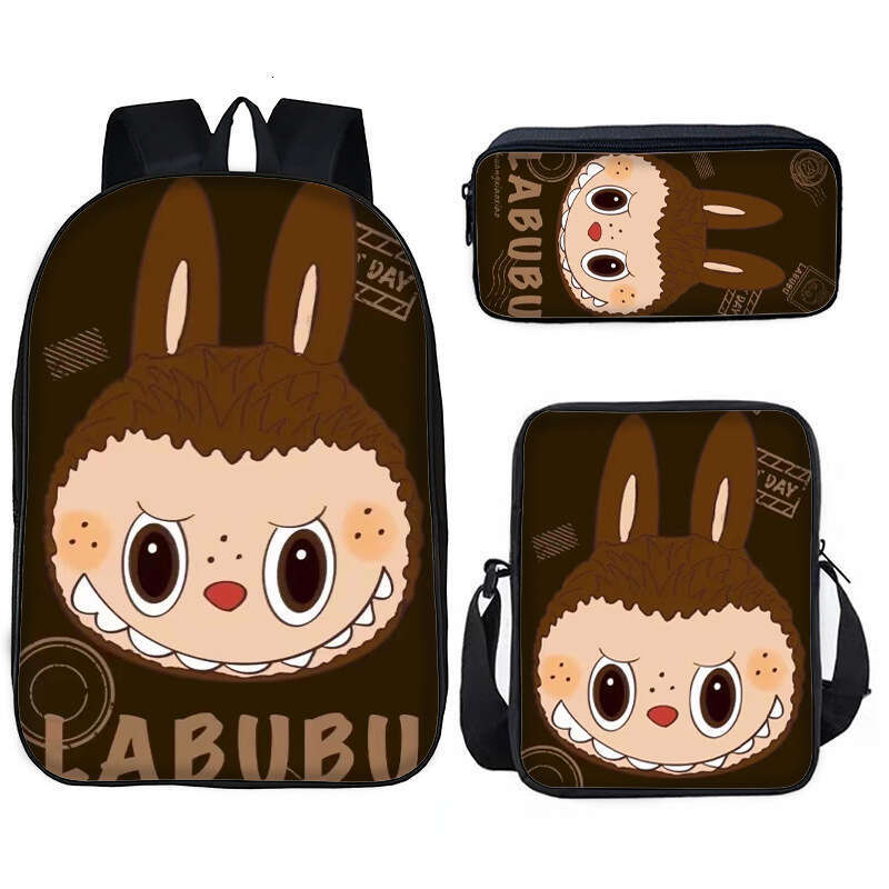 New Labubu Student Pullcloth Pattern Backpack Shoulder Pen Lunch Bag 3-Piece Set