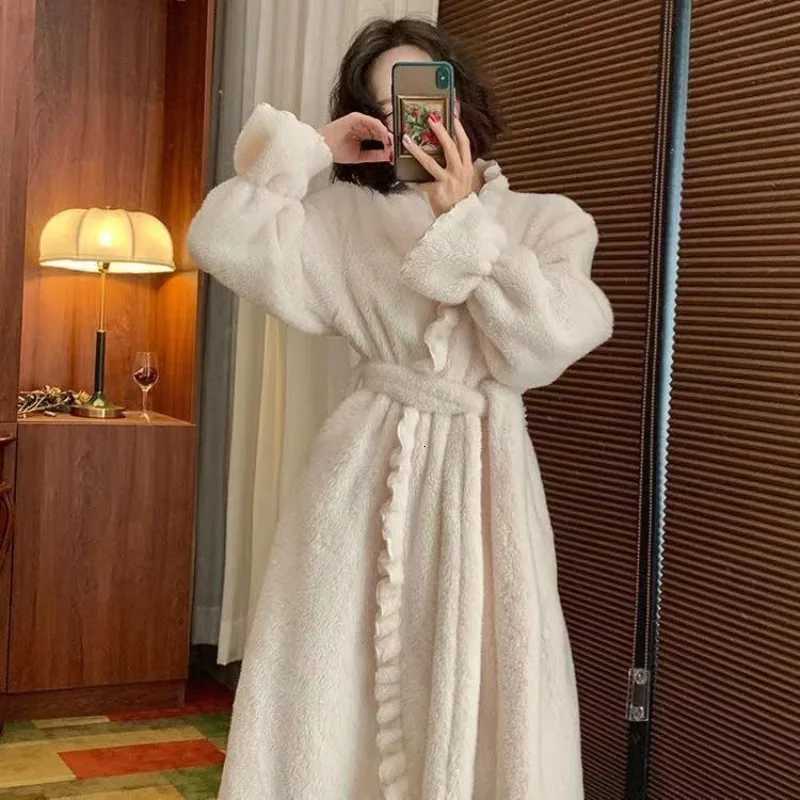 Belt Robe for Women Sleepwear Winter Nightdress Night Wears Warm Fleece Pajama One Piece Nightgown Hooded Sleeping Homewear New C251115