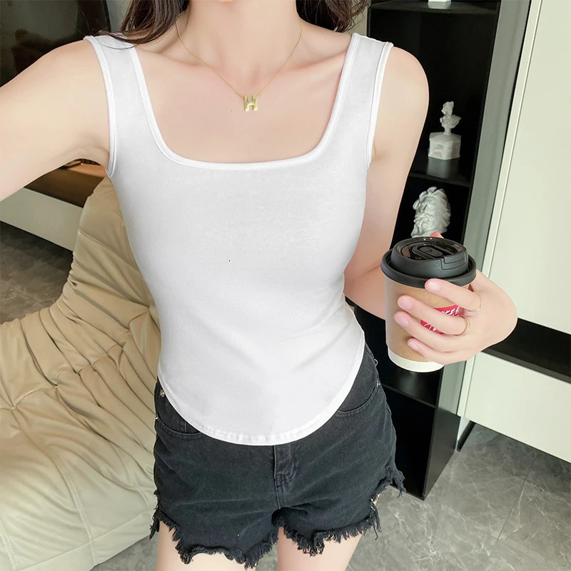 Cotton white square neckline floral Tshirt with curved hem ultrathin soft and breathable vest 250414Z