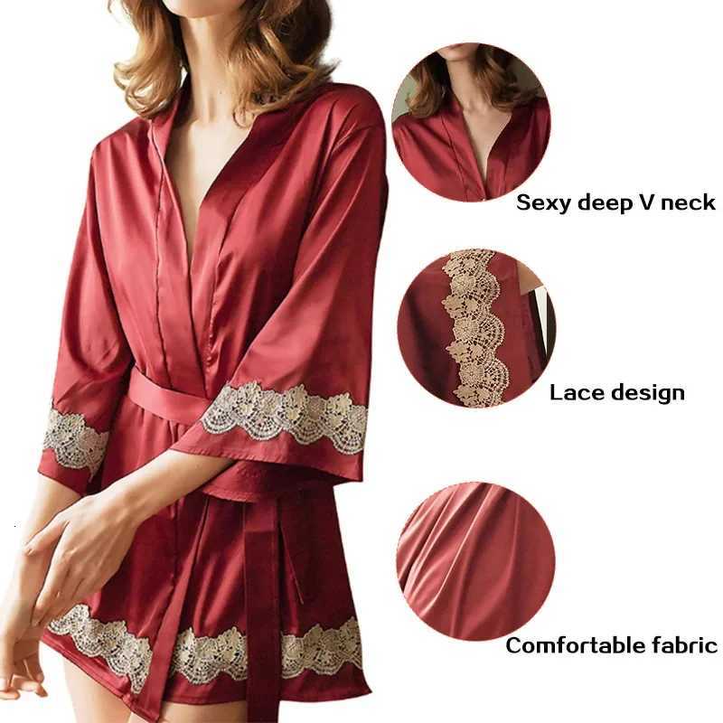 Ladies Red Sexy Lace Embroidered Flower Satin Belt Robe Temptation Satin Red V-Neck Sexy Robe Women Sexy Pajamas C251115