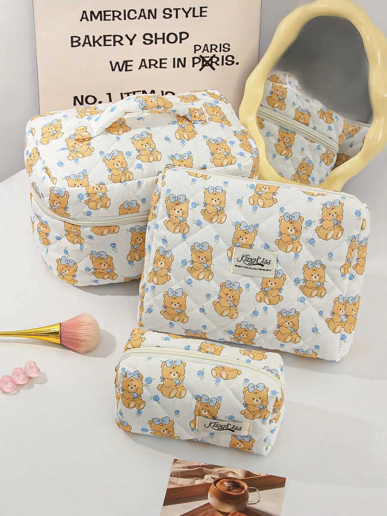 1 piece/set of cute blue flower and bow bear pattern printed large capacity cosmetic storage bag organizer gift for friends and teachersXJ250415