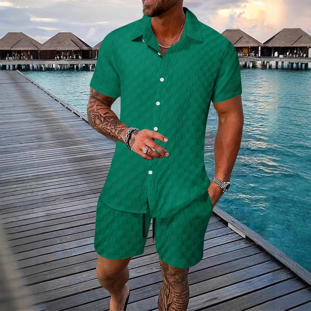 Summer fashion mens shirt casual loose vacation beach mens short sleeved set