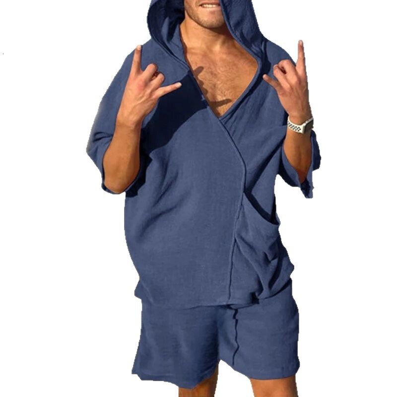 Summer mens V-neck fashionable casual short sleeved hooded loose solid color breathable shorts beach set
