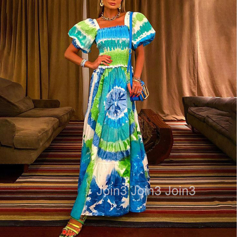 Temperament Womens Summer New Product Bubble Sleeve Digital Printing Loose Thin Sexy Long Dress