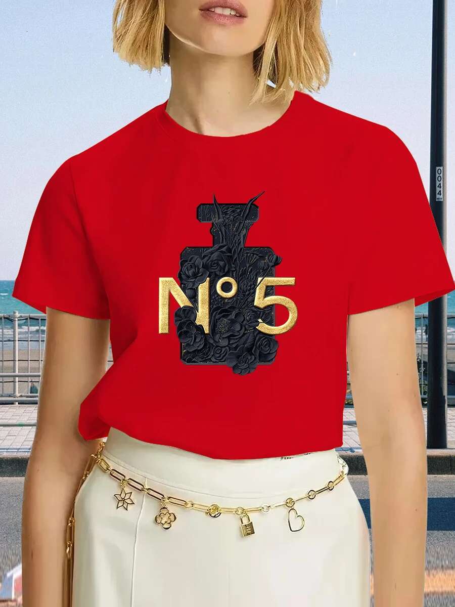 Brand Fashion Black Perfume Surrey Printed Crew Neck Clothing Short Sleeve T-Shirt Trend Women's Summer Y2K Top