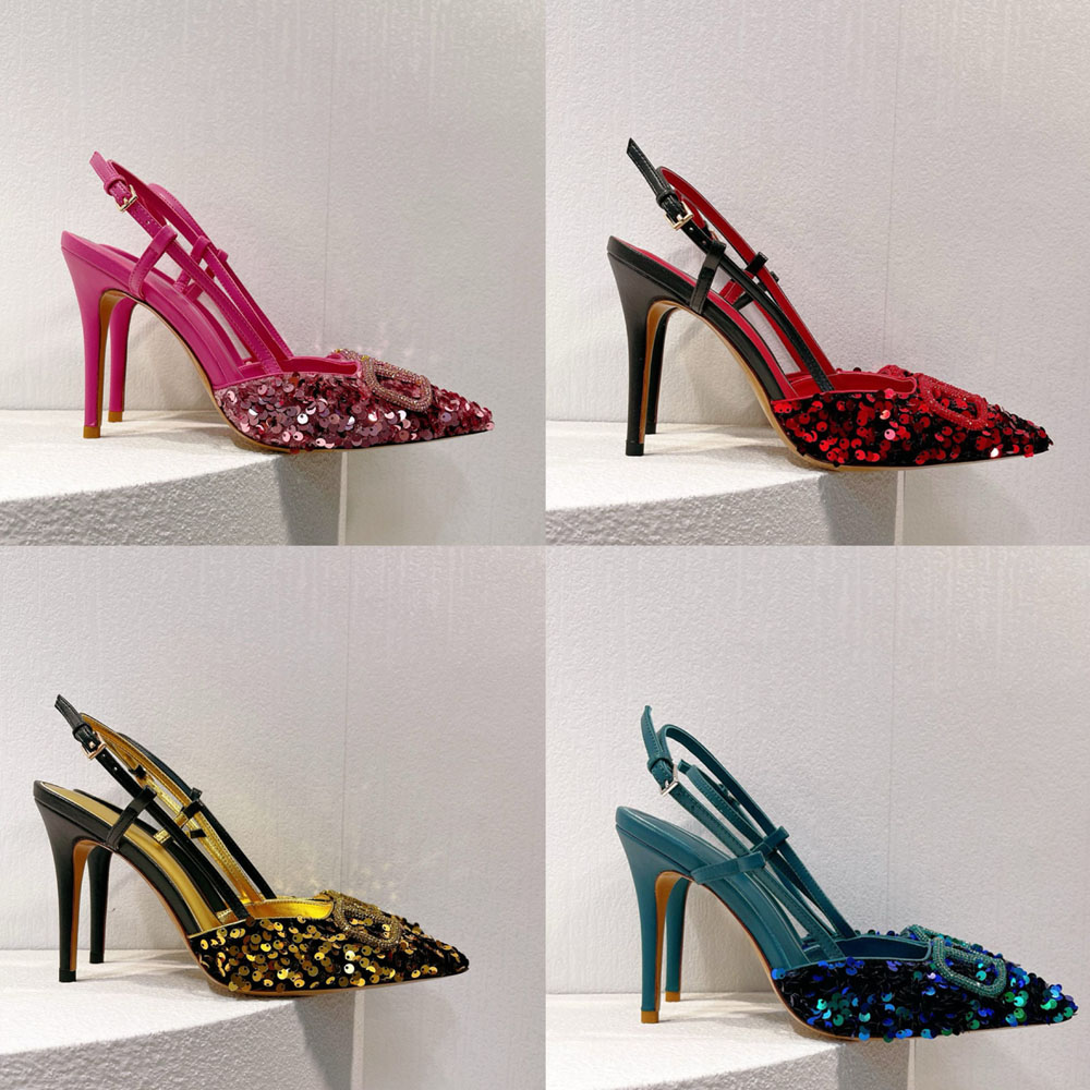 designer shine Glitter Sharp toes Slingbacks shoes Pumps rhinestone button up Wedding Shoes Stiletto Evening shoes Heels sandals women Dress shoe heel10cm 8cm 4cm