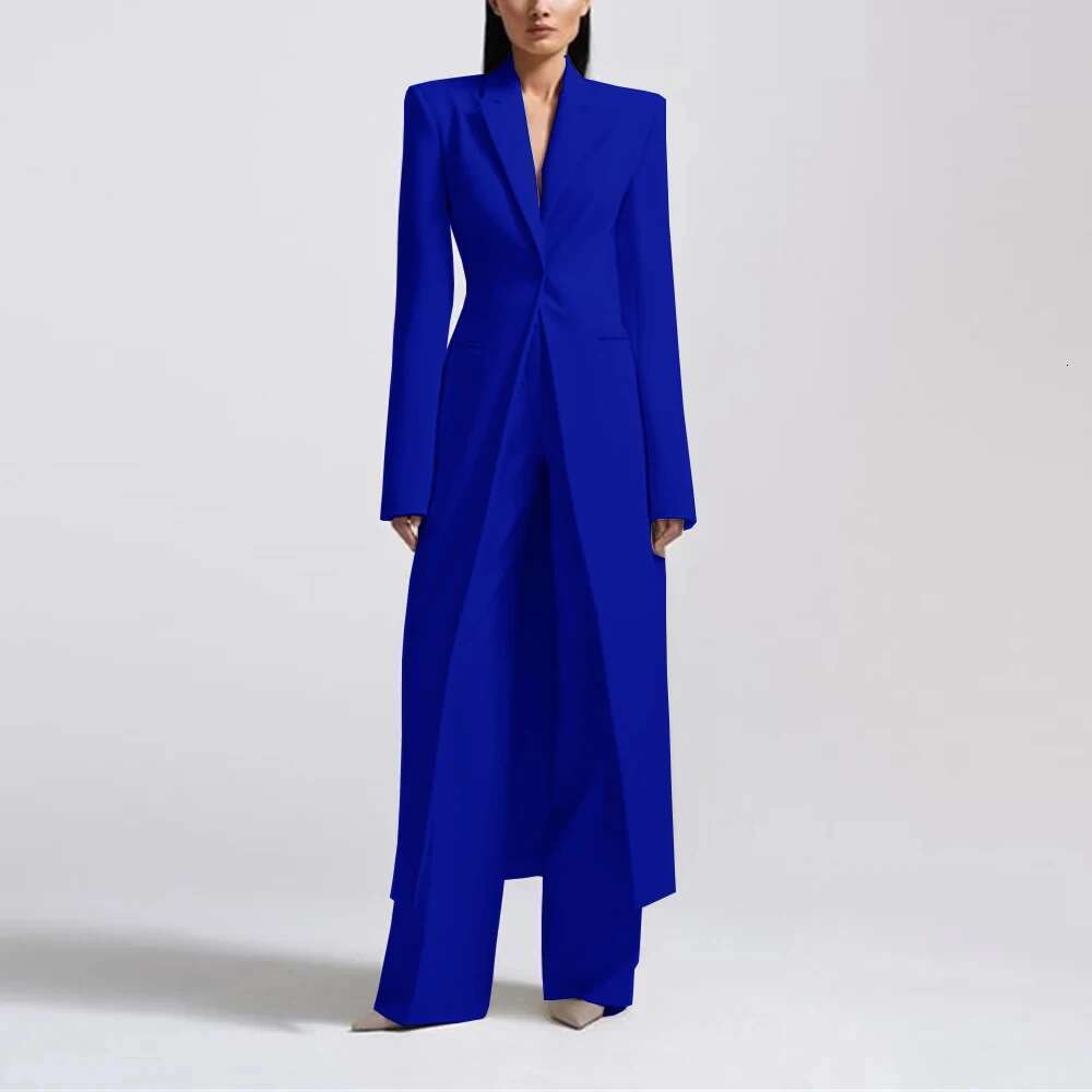 Fashion Beige Women's Blazer Pantssuit Peak Lapel Long Coat Wedding Formal Suits Office Lady Jacket Pant 2 Piece