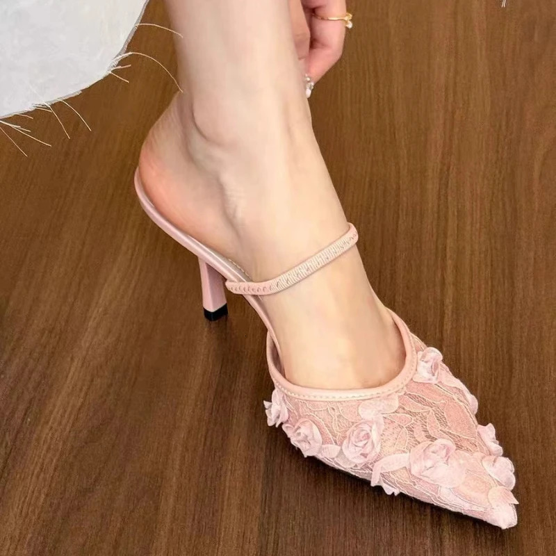 Flower high-heeled womens slider elegant pointtoe sandals Fad summer slider pump shoes dress fine high-heeled shoes women Zapatos 250411
