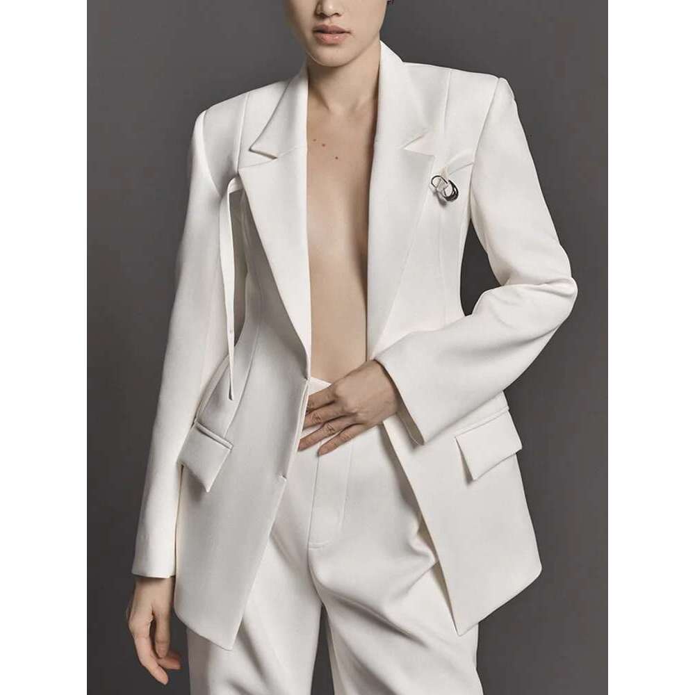 VGH Hollow Out Patchwork Belt Casual Blazers For Women Lapel Long Sleeve Temperament Slimming Solid Coats Female Fashion Style