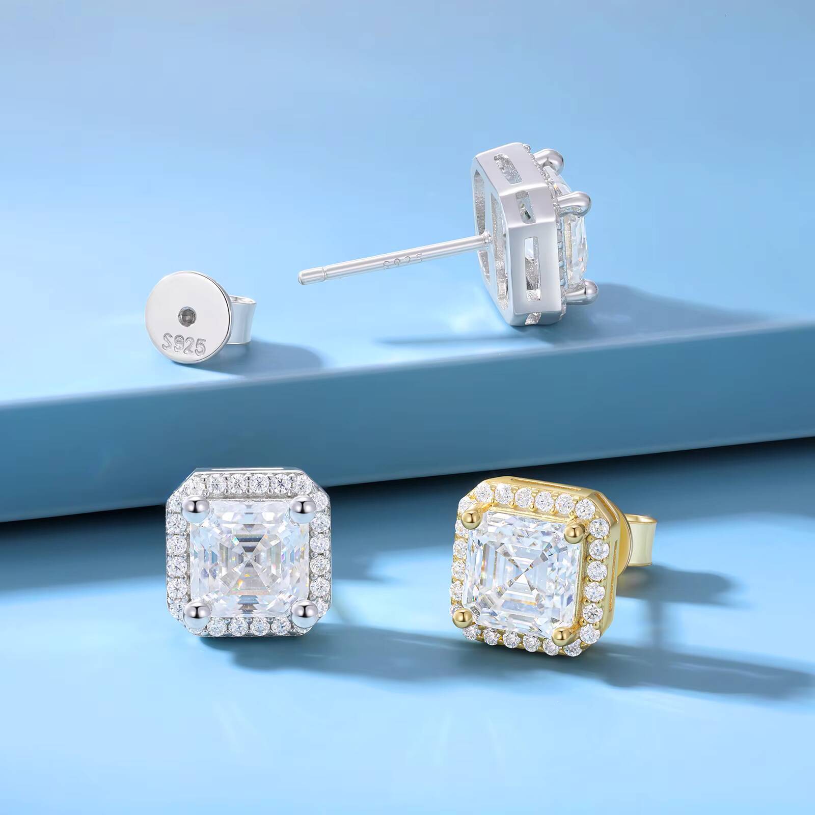 Luxury Women Wedding Gift Jewelry 925 Sterling Silver VVS Asscher Cut Moissanite Diamond Cluster Square Stud Earrings