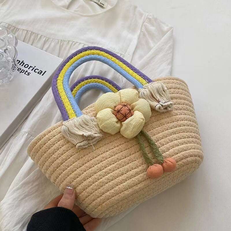 Handmade Beach Bag Sunflower Cloud Handheld Trendy Rainbow Cotton Rope Bag, Casual And Western-Style Woven Bag Kq2