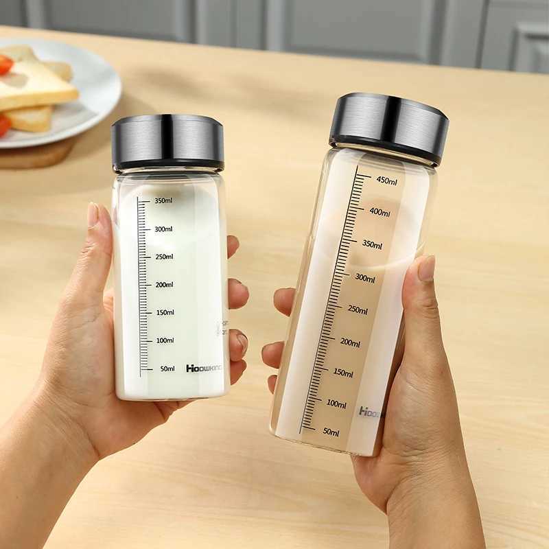 Portable Glass Water Bottle Hot Milk Bottle graduated Cup with Lid Refrigerated Milk Tea Cup Outdoor sports water bottleW251114