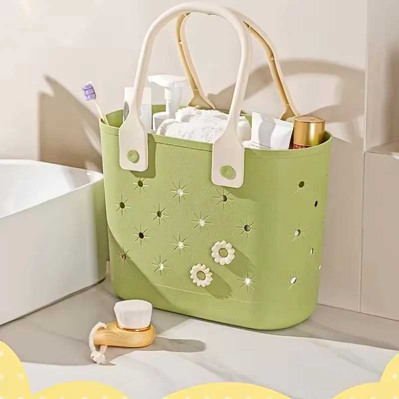 Large waterproof rubber beach handbag with floral design durable for travel organizers and a soft handle for camping gym and toilet storage W250415