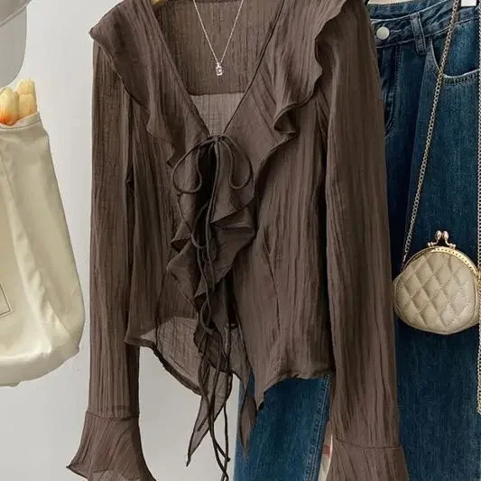 Blouses for Women Chemise Femme Womens Ruffled Flared Shirts Blusas Femininas Elegantes Tops Vintage Spring Shirt Thin Coat 250409